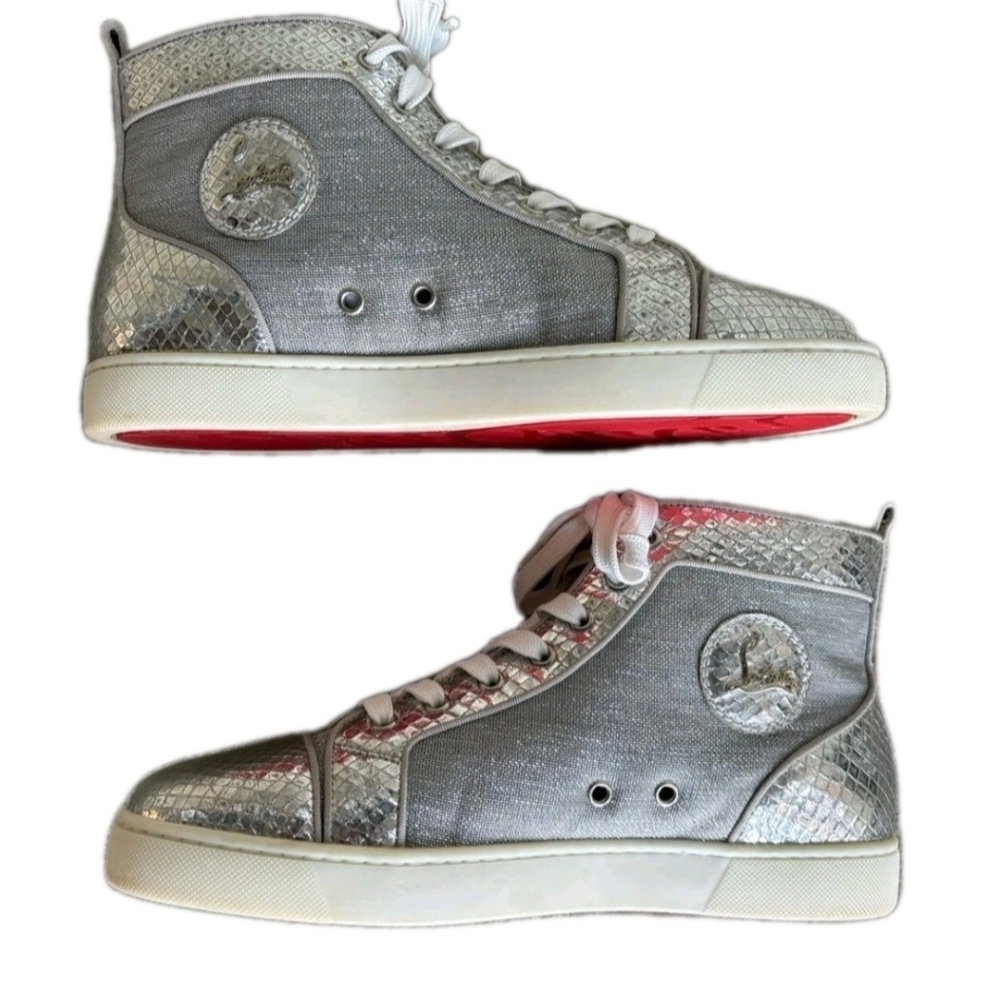 Christian Louboutin Silver Metallic ‘Orlato' Red Bottom High Tops EU 43 US 10 - Picture 2 of 10
